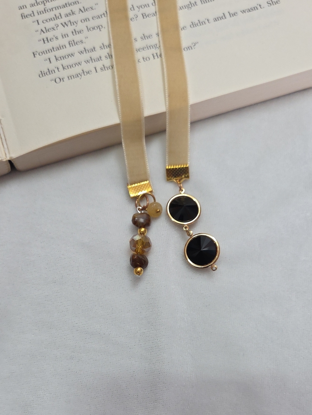 Handmade Cream Tan Velvet Ribbon Brown Beaded Bookmark Charm Handcrafted Unique